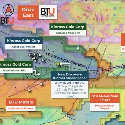 BTU Metals Acquires Dixie East Block 3 Adjacent to Kinross Great Bear Project
