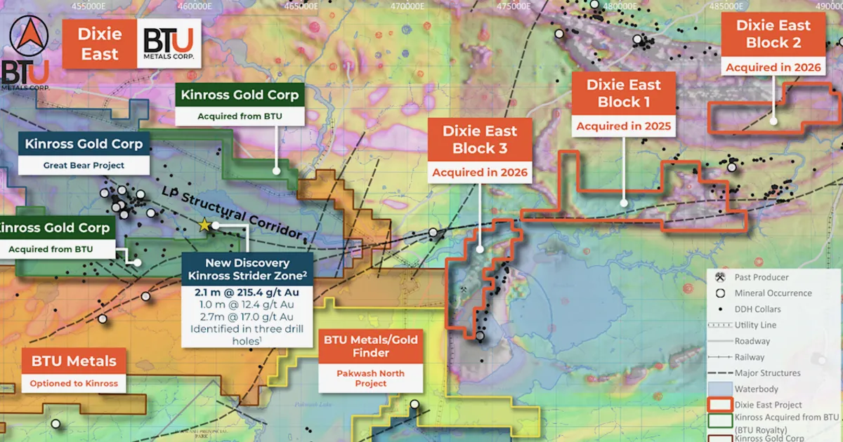 BTU Metals Acquires Dixie East Block 3 Adjacent to Kinross Great Bear Project