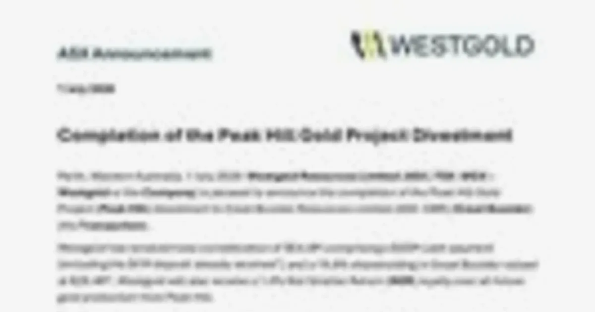 Westgold completa la venta del proyecto de oro Peak Hill a Great Boulder por $54.4M