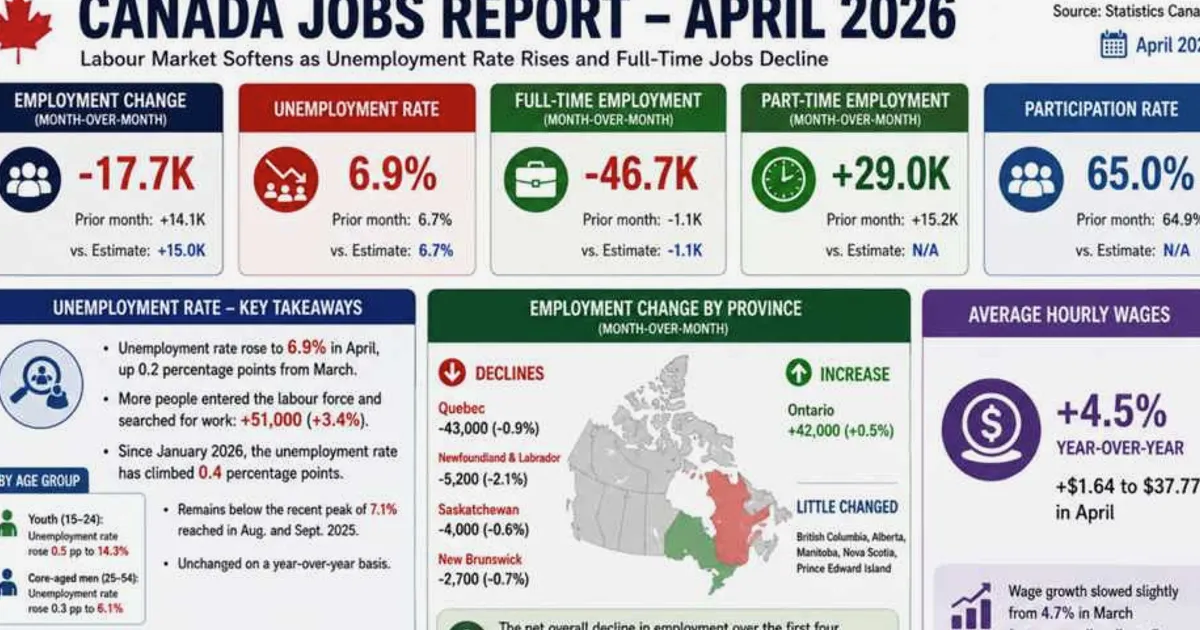 Canada employment drops 17.7K vs 15.0K estimate; jobless rate rises to 6.9%